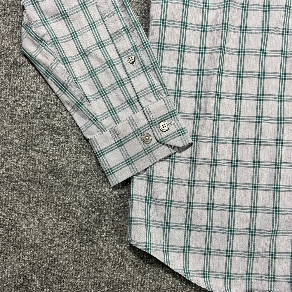 Banana Republic Men's Medium‎ Non-Iron Slim Fit Plaid Dress Shirt Green Grey